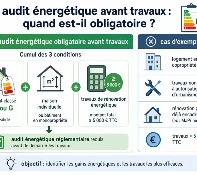 Schéma expliquant quand un audit énergétique est obligatoire avant travaux : conditions (logement E, F ou G, maison individuelle, travaux ≥ 5000€) et cas d'exemption.