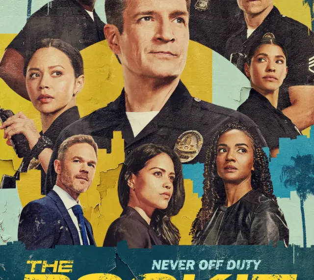 Plakat "Rekrut sezon 7". Zbliżenie na twarze policjantów z serialu, w tym Nathan Fillion.
