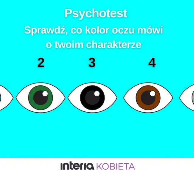 Pięć stylizowanych oczu w różnych kolorach: niebieskim, zielonym, czarnym, brązowym i szarym, z numerami od 1 do 5.
