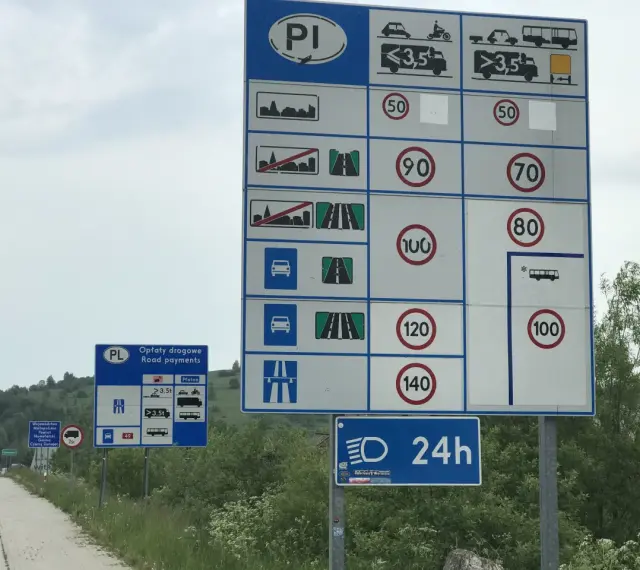 Znaki drogowe w Polsce informują, ile można jechać poza terenem zabudowanym: 90 km/h dla samochodów, 70 km/h dla ciężarówek, 120 km/h na drogach ekspresowych i 140 km/h na autostradach.