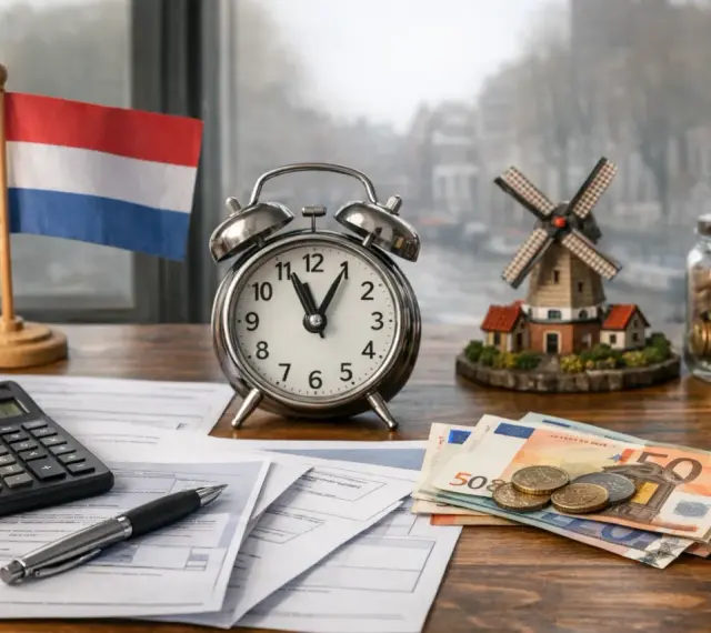 Nederlandse vlag, wekker, geld en molen. Tijd om de belastingdienst po polsku te regelen.