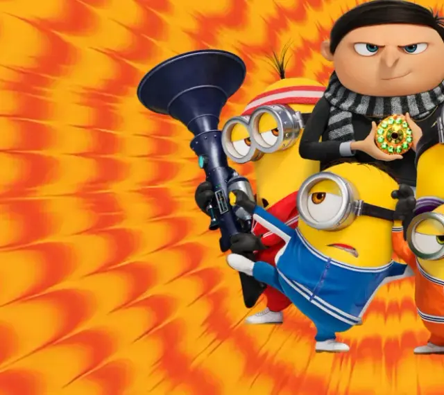 Minionki wejście Gru! Gru trzyma klejnot, a minionki w sportowych strojach pozują z gadżetami.