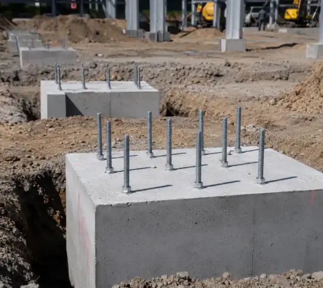 Solidne fundamenty z żelbetonu z wystającymi śrubami czekają na konstrukcję.