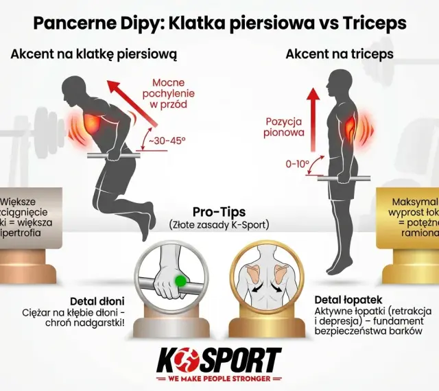Pancerne **dipy**: porównanie akcentu na klatkę piersiową (pochylenie 30-45°) i triceps (pozycja pionowa). Wskazówki dotyczące dłoni i łopatek.