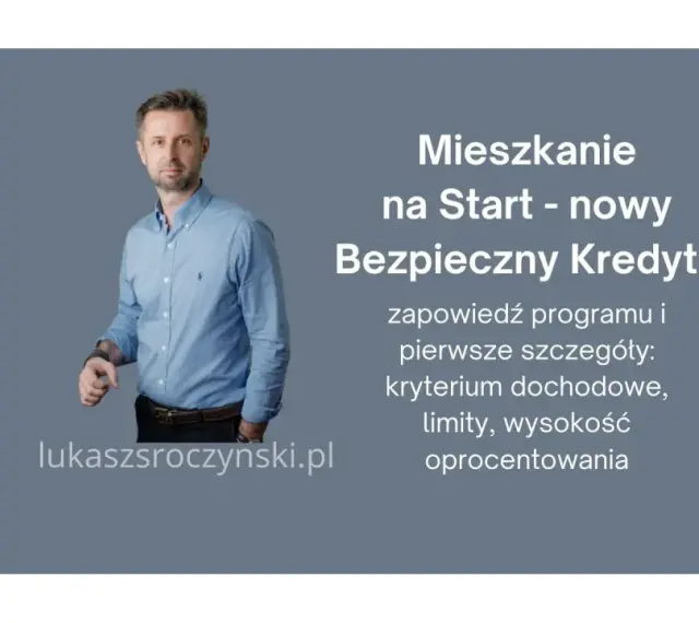 Mężczyzna w niebieskiej koszuli prezentuje "Mieszkanie na Start - nowy Bezpieczny Kredyt?". Poznaj szczegóły programu.
