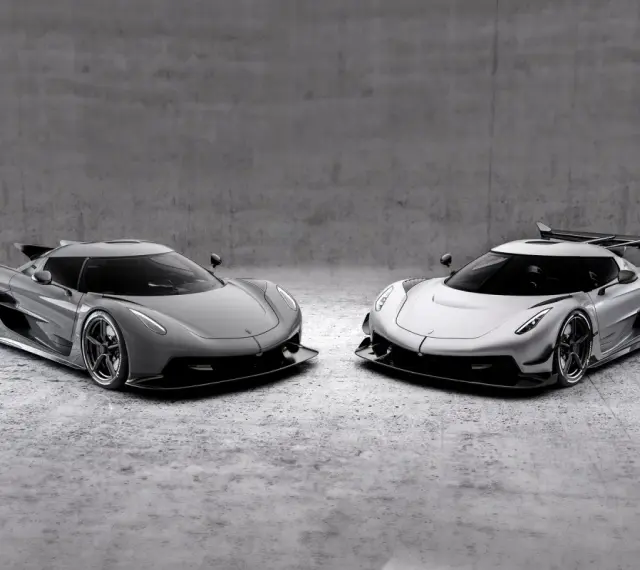 Dwa lśniące Koenigsegg Jesko, jeden szary, drugi srebrny, stoją obok siebie na betonowym tle, gotowe do wyścigu.