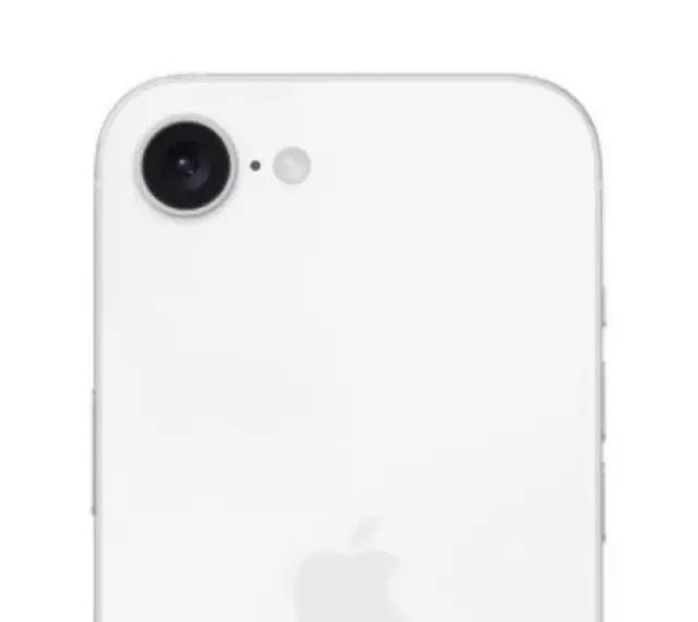 Biały tył iPhone SE 4 z pojedynczym aparatem i błyskiem.