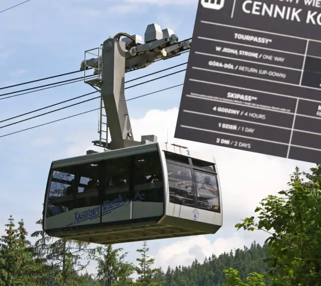 Kolejka linowa na Kasprowy Wierch. Widoczny fragment cennika z cenami biletów.