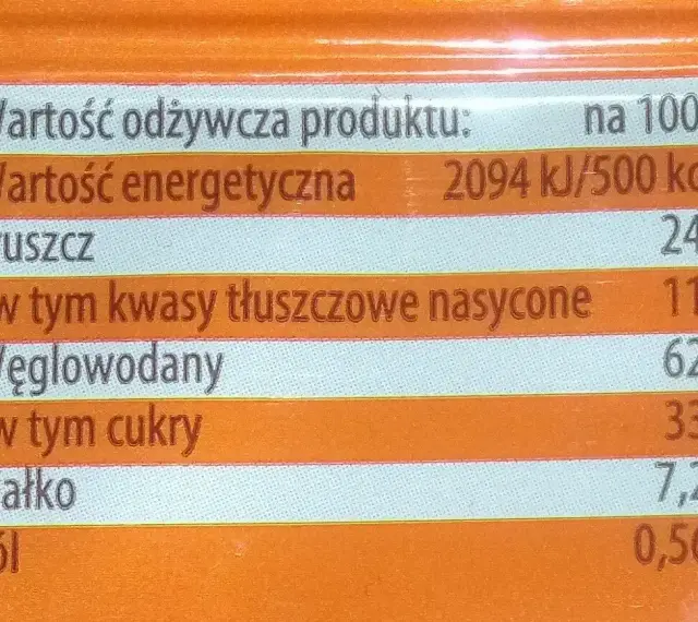 Tabela wartości odżywczych: 500 kcal na 100g herbatników. Zawiera tłuszcze, węglowodany, białko i sól.