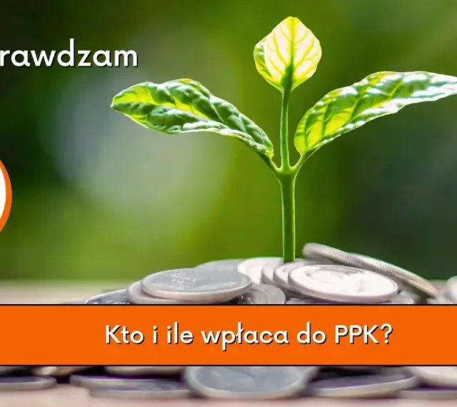 Młoda roślina wyrasta z monet, symbolizując wzrost. Temat: PPK - sprawdzam. Kto i ile wpłaca do PPK?
