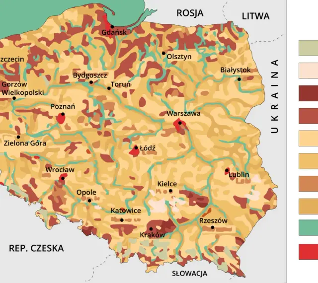 Mapa Polski z zaznaczonymi miastami i regionami o różnym ukształtowaniu terenu. Występują tu gleby, które można zaklasyfikować jako kod odpadu 17 05 04.