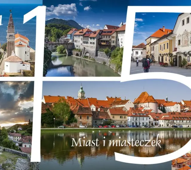 Kolaż zdjęć przedstawiający malownicze miasta Słowenii, w tym Piran i inne perełki architektoniczne.
