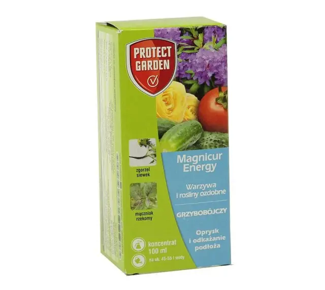 Opakowanie Protect Garden z produktem Magnicur Energy, środkiem grzybobójczym do warzyw i roślin ozdobnych, zwalczającym choroby takie jak zgorzel siewek i mączniak rzekomy.