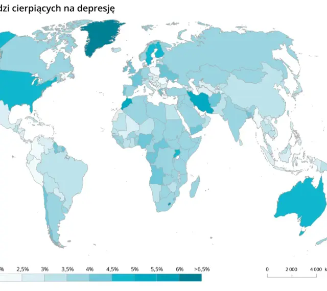 Mapa świata pokazująca odsetek ludzi cierpiących na depresję, z legendą w odcieniach niebieskiego.