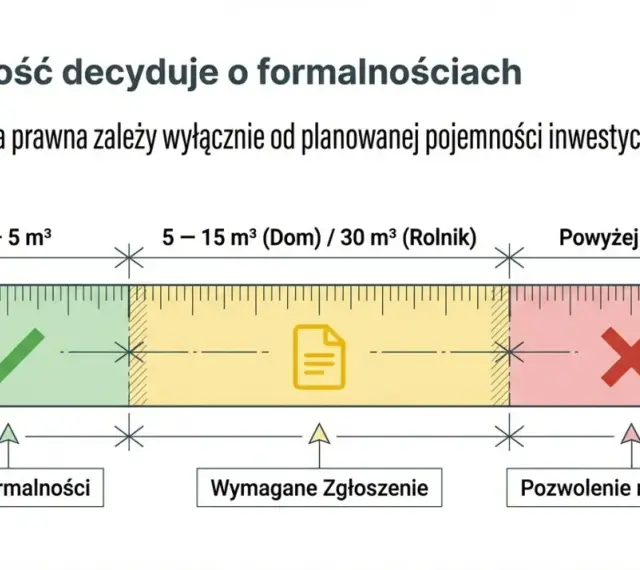 Art. 29 Prawo budowlane: pojemność do 5 m³ - brak formalności, 5-15 m³ (dom) / 30 m³ (rolnik) - zgłoszenie, powyżej limitów - pozwolenie.