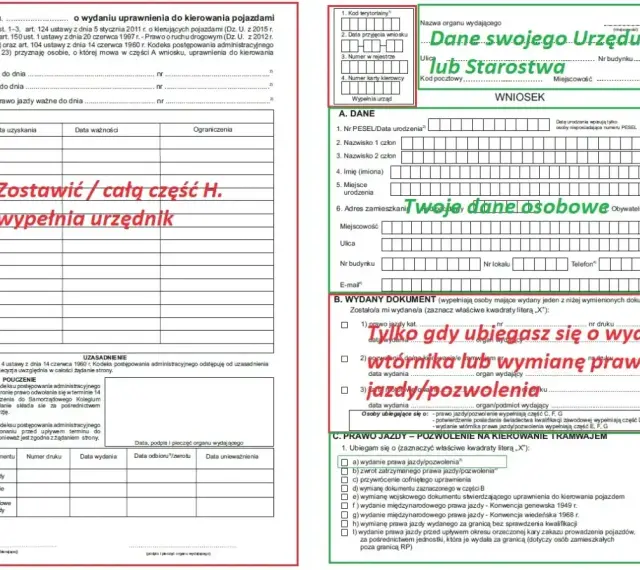 Wniosek o wydanie prawa jazdy, wtórnika lub wymianę dokumentu. Wypełnij dane osobowe i zaznacz cel złożenia wniosku.
