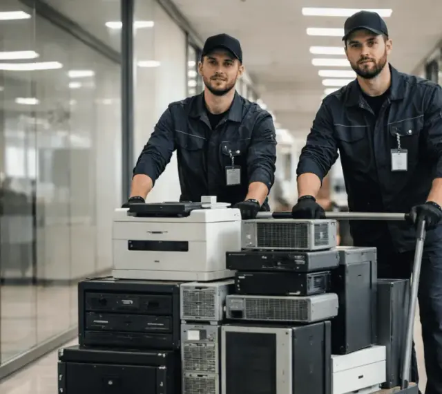 Dwóch pracowników w uniformach transportuje wózek z komputerami i drukarką. To profesjonalna utylizacja sprzętu elektronicznego w firmie.