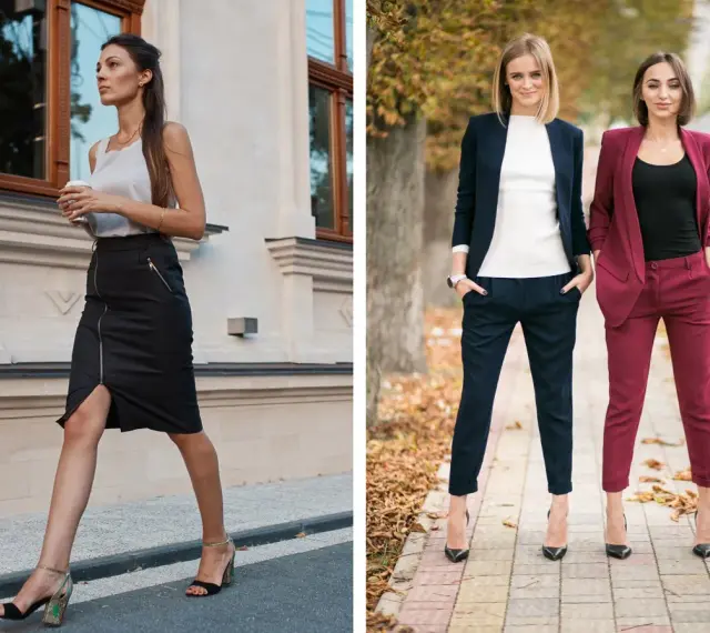 Eleganckie stylizacje dla kobiet: jak się ubrać na imprezę firmową. Spódnica ołówkowa i garnitury w ciemnych kolorach.