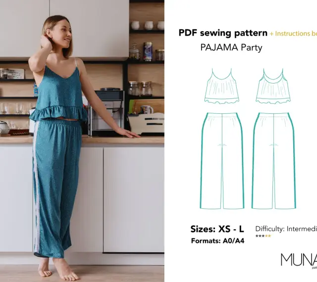 Patron gratuit combinaison pyjama pour une soirée détente. Le modèle comprend un haut à fines bretelles et un pantalon ample.