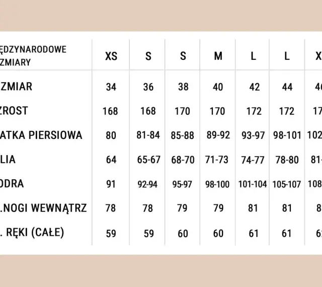 Tabela rozmiarów od XS do XL. Rozmiar 44/46 jaki to rozmiar? To L/XL, odpowiednie dla wzrostu 172 cm i obwodu bioder 105-107 cm.