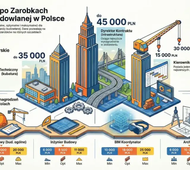Kierownik budowy zarabia od 12 000 do 20 000 PLN. Infografika porównuje zarobki w branży budowlanej.