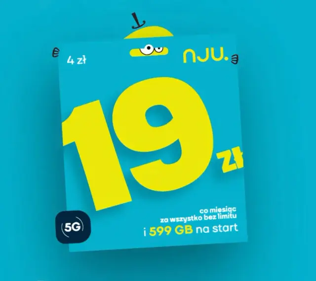 Nju mobile na kartę pakiety: 19 zł miesięcznie za wszystko bez limitu i 599 GB na start. 4 zł za 5G.
