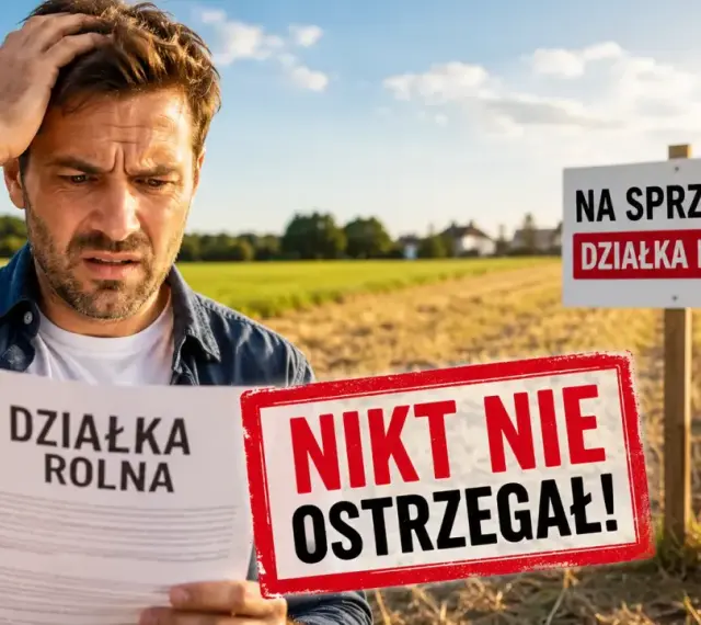 Zdezorientowany mężczyzna trzyma dokument "Działka rolna" na tle pola. Obok znak "Na sprzedaż działka rolna" i czerwony napis "Nikt nie ostrzegał!". Teren zabudowany.