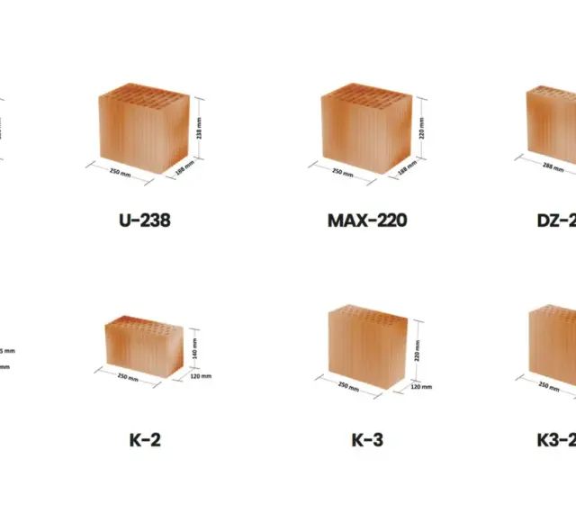 Różne rodzaje pustaków ceramicznych z widocznymi wymiarami: U-220 (250x188x220 mm), U-238 (250x188x238 mm), MAX-220 (250x188x220 mm), DZ-220 (288x80x220 mm), K-1 (250x120x65 mm), K-2 (250x120x140 mm), K-3 (250x120x220 mm), K3-238 (250x120x238 mm).
