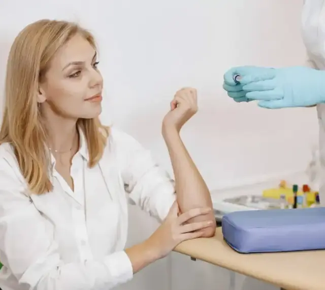 Pacjentka czeka na pobranie krwi. Czy przed badaniem krwi można pić wodę? Pielęgniarka w rękawiczkach przygotowuje probówkę.