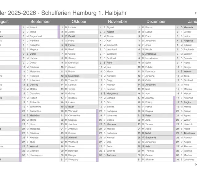 Kalender 2025-2026 mit Monatsübersichten und Namen.