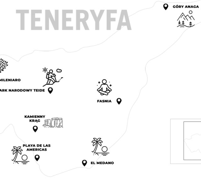 Mapa Teneryfy z ikonami: góry, turysta, medytacja, plaża. Idealna dla globtrotera planującego podróż.