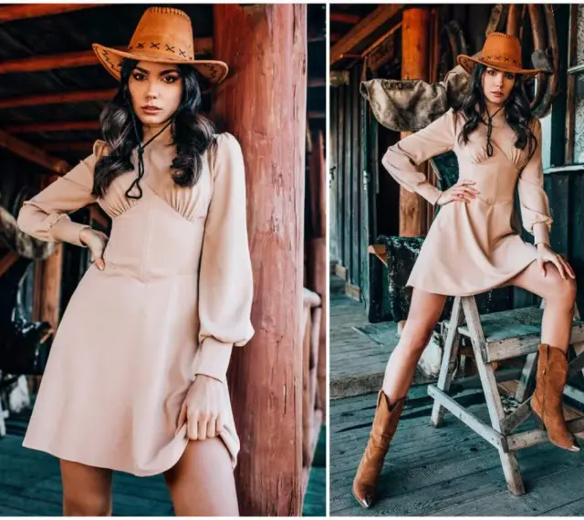 Kobieta w kapeluszu kowbojskim i beżowej sukience prezentuje stylizacje w stylu country. Uzupełniają je brązowe kowbojki.