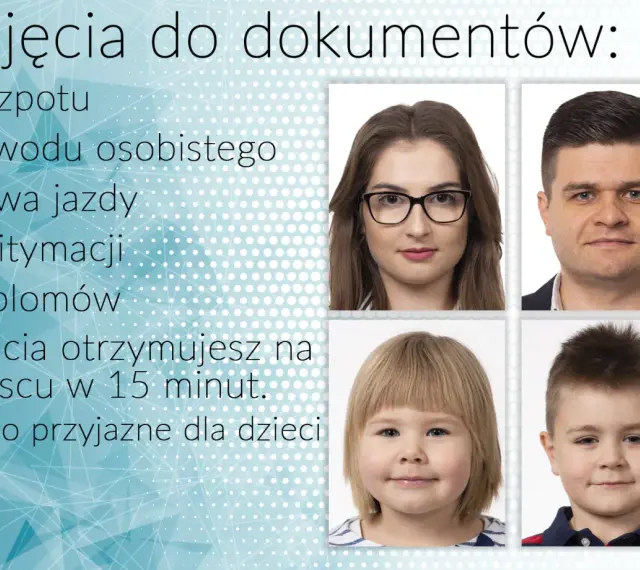 Zdjęcia do dowodu osobistego w okularach? Tak! Na zdjęciu widzimy cztery portrety: kobieta w okularach, mężczyzna, dziewczynka i chłopiec.