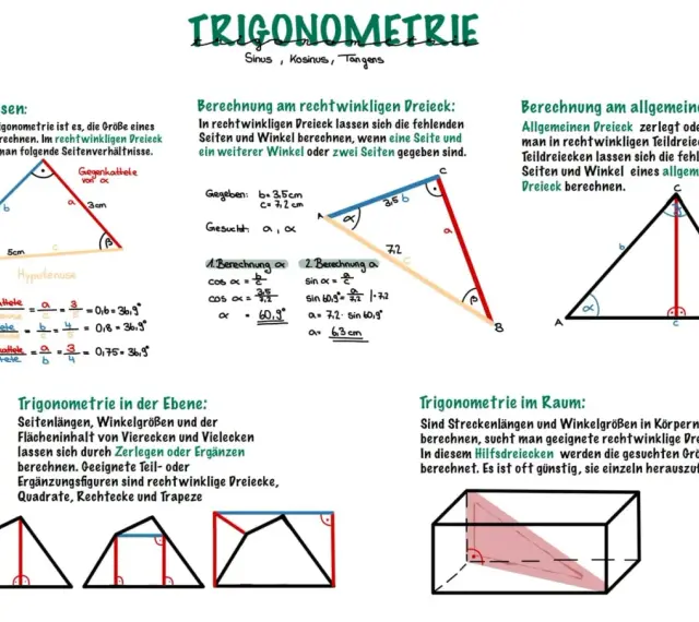 Grundlagen der Trigonometrie: Ein rechtwinkliges Dreieck mit Seiten und Winkeln. Formeln für Sinus, Kosinus, Tangens.