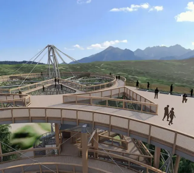 Drewniany spacer w chmurach z widokiem na góry. Sprawdź sky walk cennik i zaplanuj wizytę!