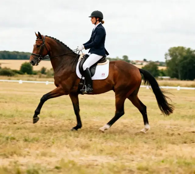 Une cavalière en tenue de compétition exécute un mouvement de dressage sur son cheval bai dans un pré.