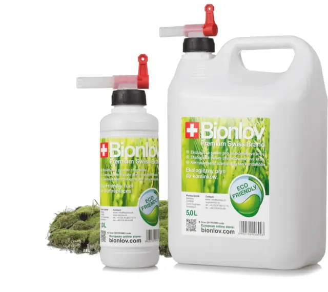 Dwa opakowania ekologicznego paliwa do biokominków Bionlov, jedno 10L, drugie 5L, z zielonym logo "Eco Friendly".