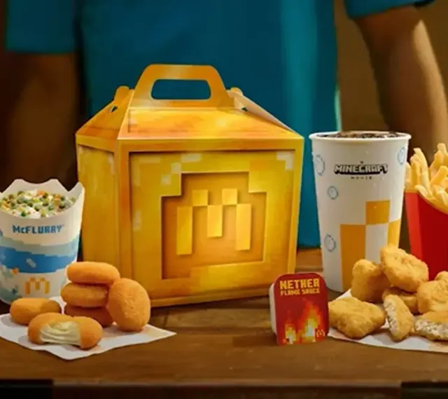 Zestaw Minecraft z McFlurry, nuggetami i chrupiącymi frytkami McDonald's.