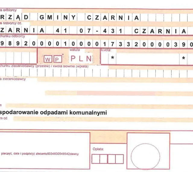 Przelew na rzecz Urzędu Gminy Czarnia za gospodarowanie odpadami komunalnymi. Opłaty za śmieci.