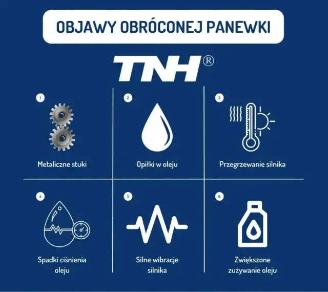 Objawy obróconej panewki: metaliczne stuki, opiłki w oleju, przegrzewanie silnika, spadki ciśnienia oleju, wibracje i zwiększone zużycie oleju.