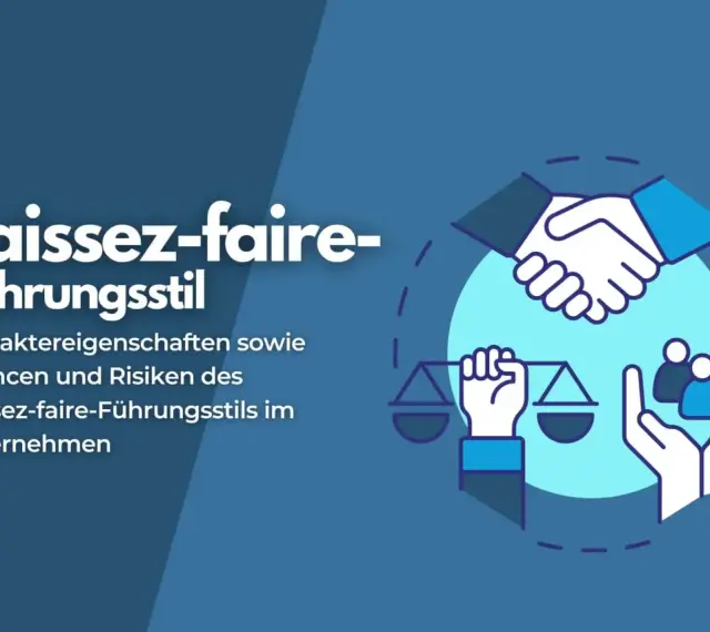 Abbildung zeigt Händeschütteln, eine Waage und Menschengruppen, die den **laissez faire** Führungsstil symbolisieren.