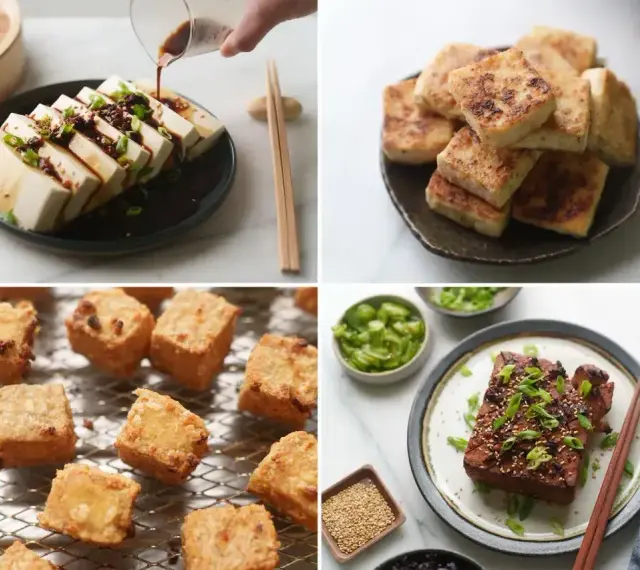 Różne sposoby przygotowania tofu: pokrojone w plastry z sosem, smażone kostki, pieczone kawałki i grillowany blok. Tofu co to? Wszechstronny składnik!