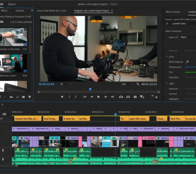 Edycja wideo w Adobe Premiere Pro: montażysta pracuje nad projektem, dodając klipy i efekty, w tym korekcję kolorów Lumetri Color.