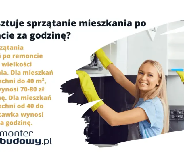 Cennik sprzątania po remoncie: 70-80 zł/h dla mieszkań do 40 m², 60-65 zł/h dla mieszkań 40-100 m². Uśmiechnięci pracownicy sprzątają kuchnię.