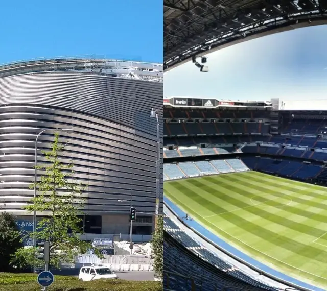 Nowy stadion Realu Madryt w budowie i gotowy do gry. Futurystyczna fasada i zielona murawa Santiago Bernabéu.