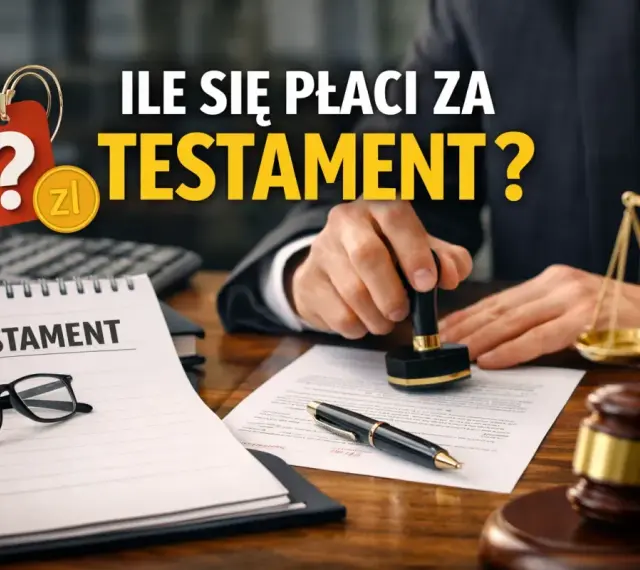 Pytanie o koszt testamentu notarialnego. Na biurku notariusza dokument, pieczęć, waga sprawiedliwości i młotek.