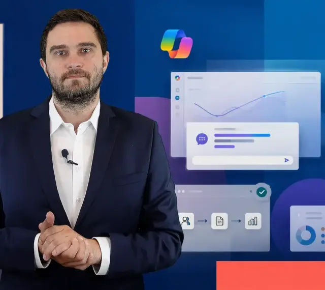 Mężczyzna w garniturze prezentuje możliwości Copilot Studio, pokazując interfejsy z wykresami i przepływami pracy.