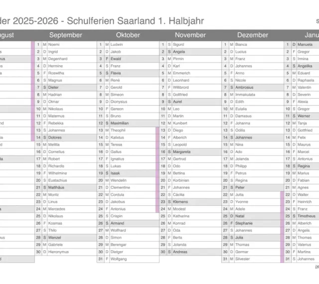 Kalender mit Monaten August bis Januar und Schulferien-Markierungen.