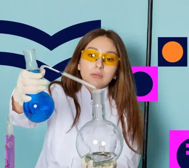 Dziewczyna w okularach ochronnych i białym fartuchu miesza płyny w probówkach. Zastanawia się, co po biol chemie.