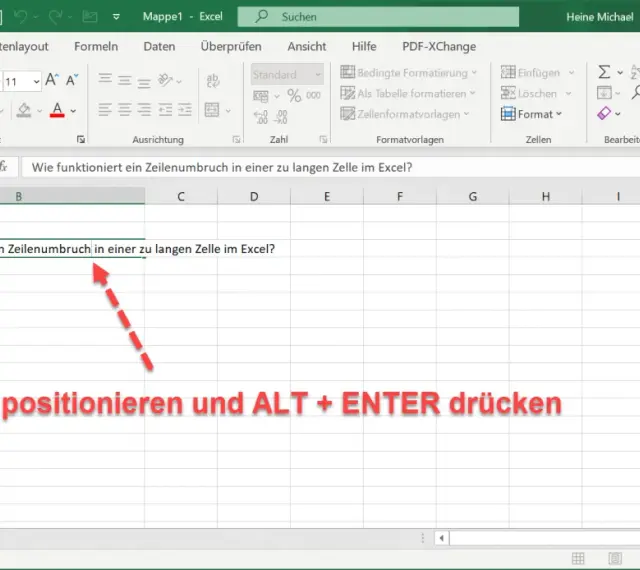 Excel: Zeilenumbruch in Zelle einfügen. Der Cursor wird in der Zelle positioniert, um einen Zeilenumbruch zu erzwingen.